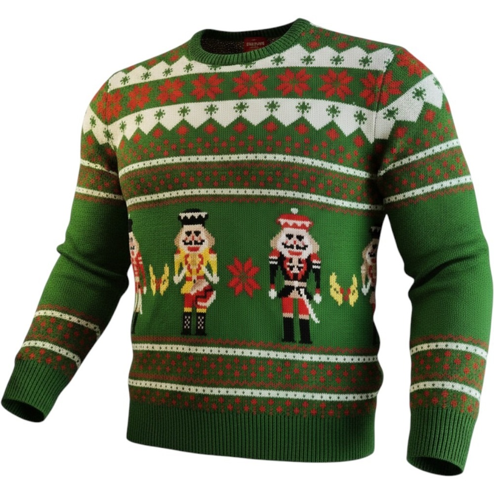 UGLY CHRISTMAS SWEATER Mens Large Green Red White Nutcrackers Toy Soldiers